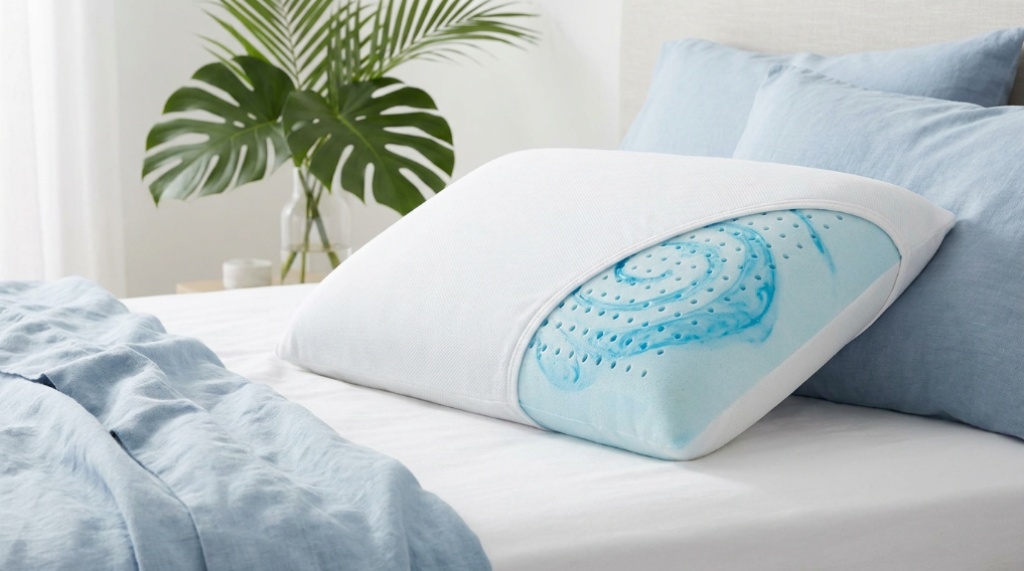 Cooling gel memory foam bed pillow on crisp white sheets with tropical leaves.