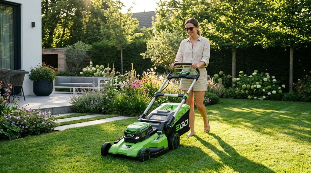 Homeowner mowing a green backyard with an EGO electric lawn mower.