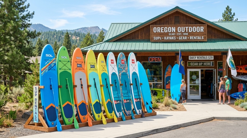 Storefront displaying budget-friendly stand-up paddleboards for rent.
