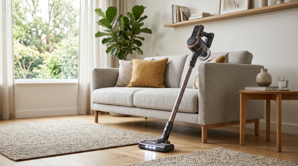 Person mounting a cordless vacuum on a wall charging dock.