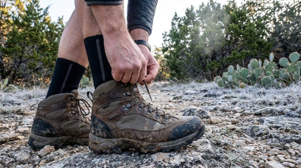 Hiker putting on boots over 2.5mm neoprene socks on a chilly trail.