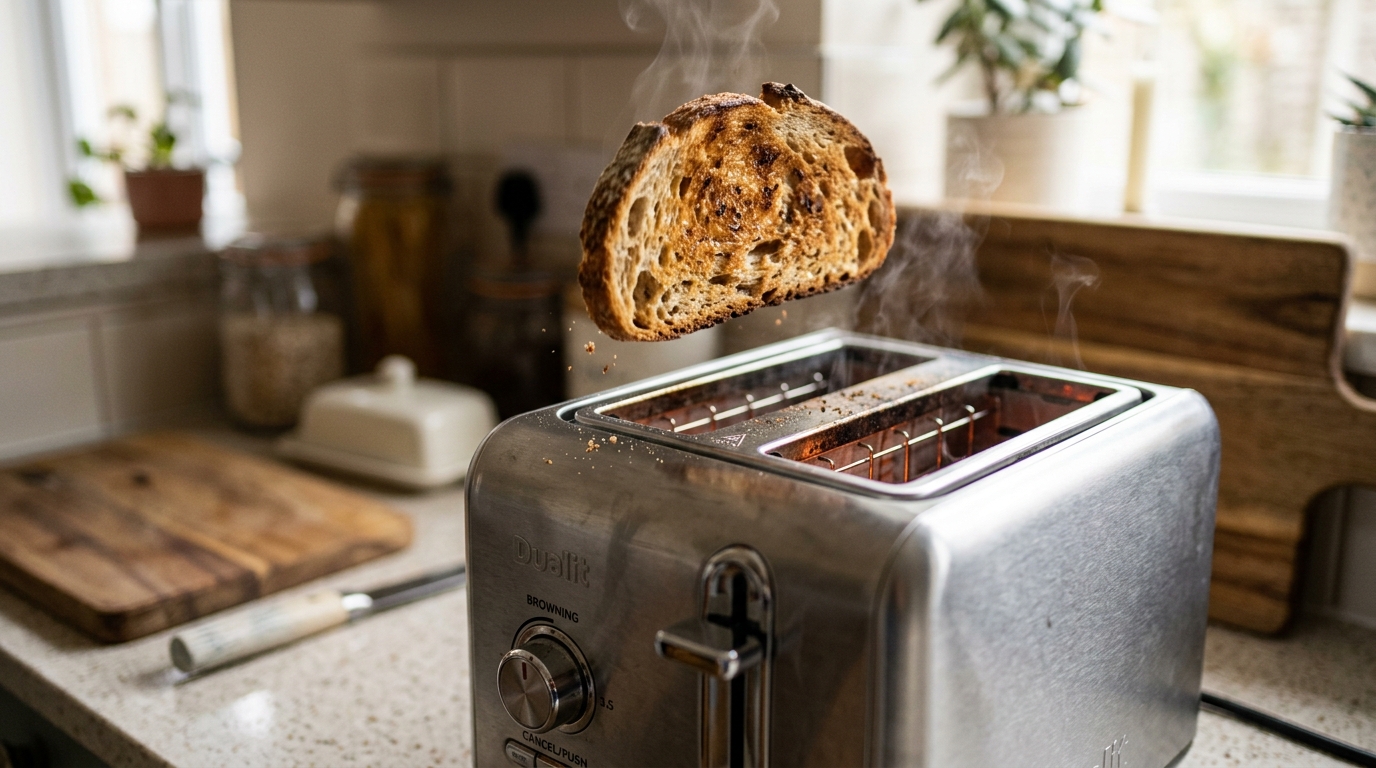 Sliced bread popping out of a stainless steel toaster.