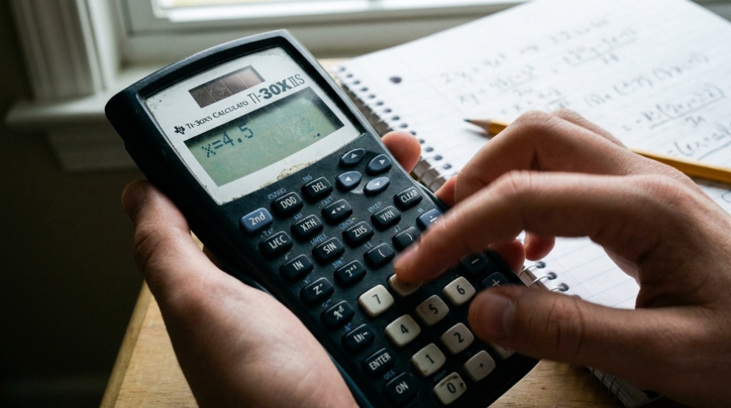 Texas Instruments TI-30XIIS scientific calculator on a wooden study desk.