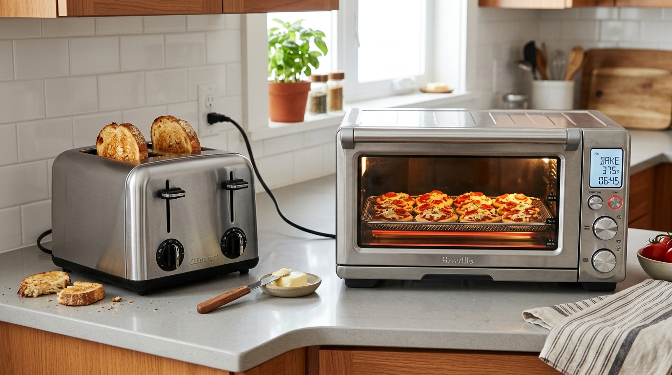 A toaster and toaster oven on a modern kitchen counter.