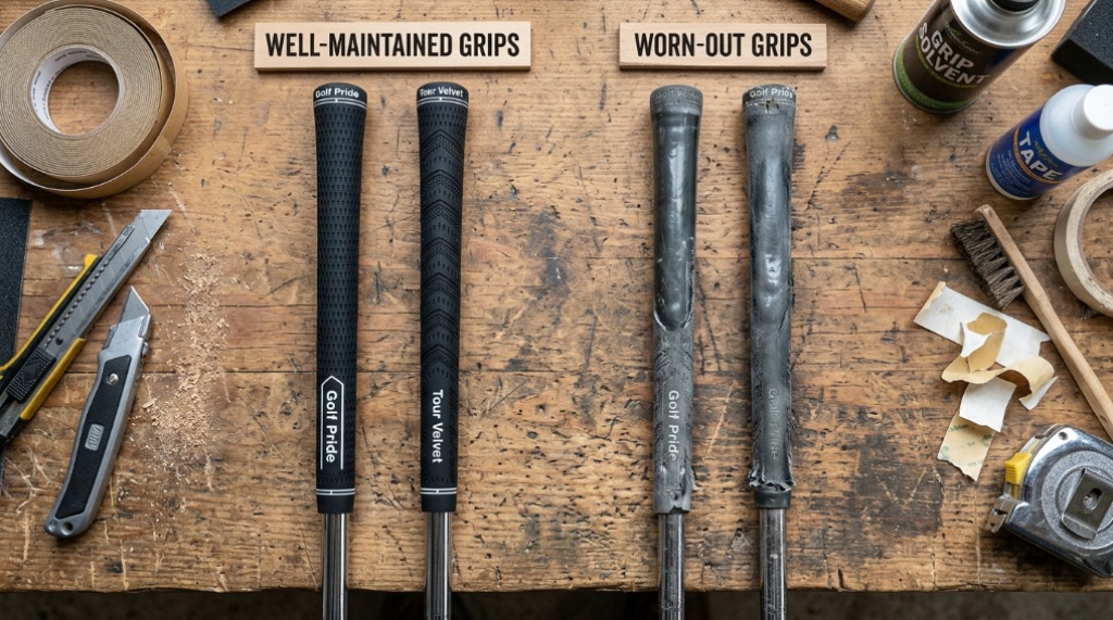 Worn and new golf grips on workbench.